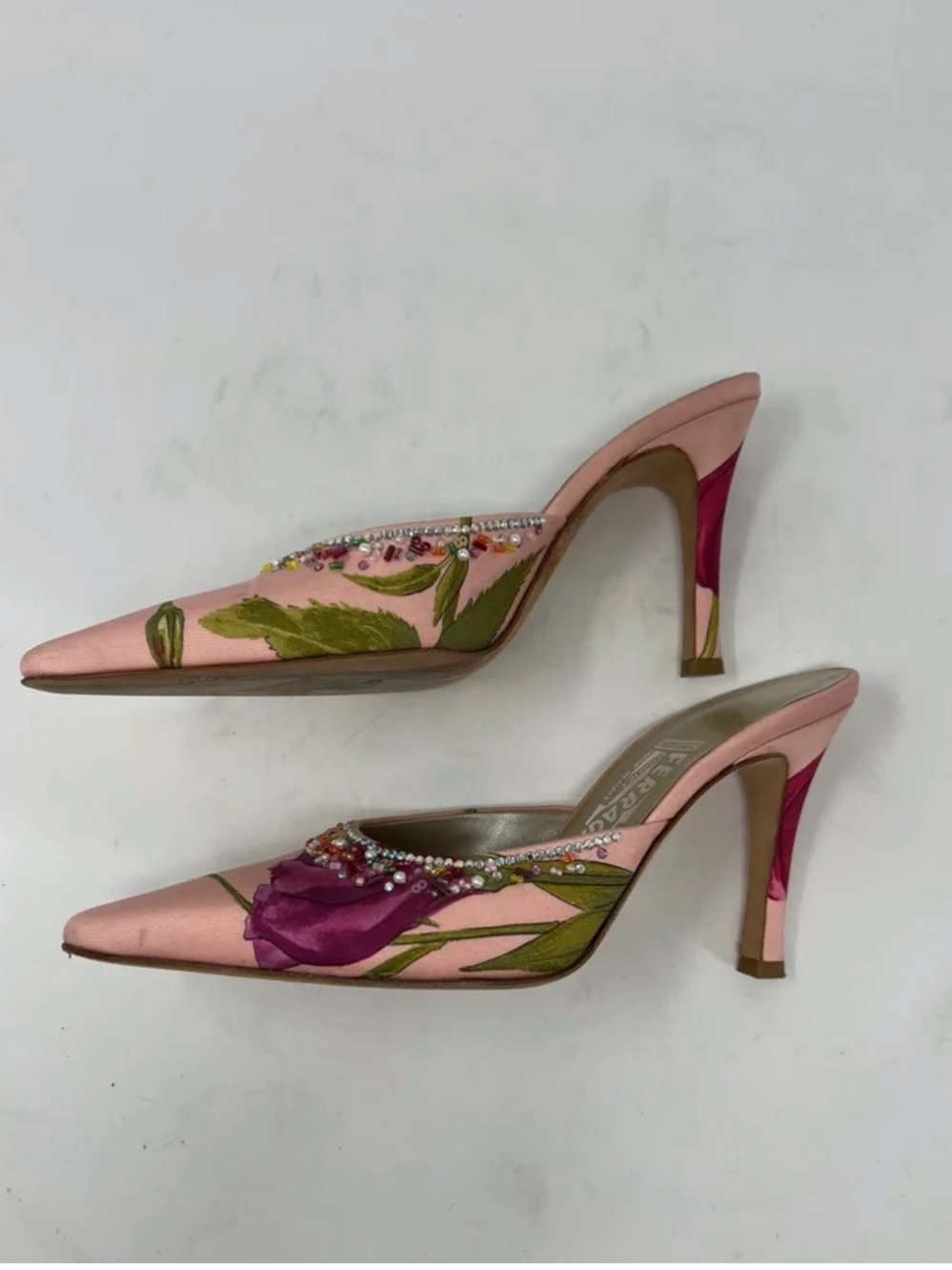 Vintage Salvatore Ferragamo Pink Floral Beaded Slip-On Mules - Picture 7 of 13